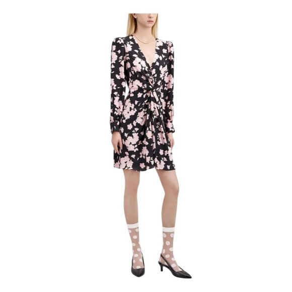 The Kooples Black Pink Floral Dress V-Neck Long Sleeve Draped Bow Waist Viscose - Picture 4 of 11